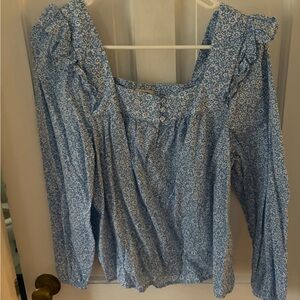 J. Crew Light Blue Floral Smocked Square-Neck Blouse